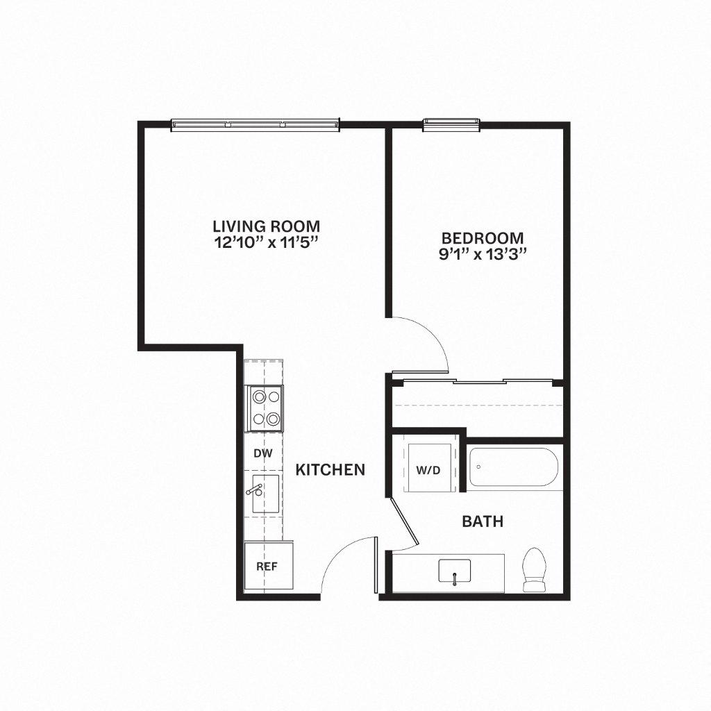 Floor plan for 1 bed, 1 bath, 531 sqft